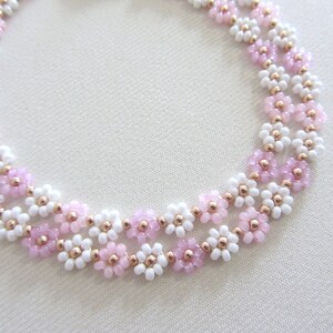 Beaded necklace with daisy flower, 24k gold necklace, White and pink choker necklace, Valentine's Day gift image 1