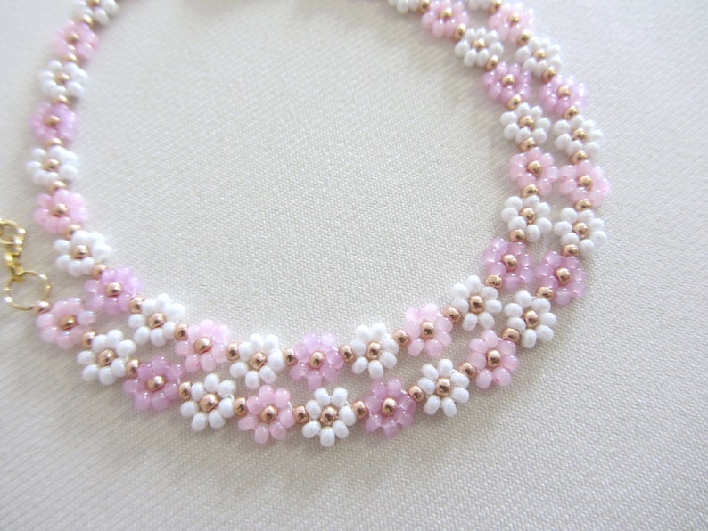 Beaded necklace with daisy flower, 24k gold necklace, White and pink choker necklace, Valentine's Day gift image 1
