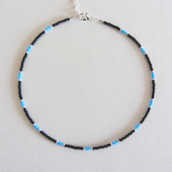 Black Beaded Choker Necklace Blue Silver Seed Bead Choker Unisex
