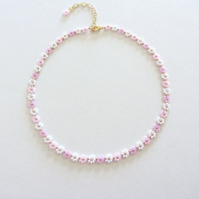 Beaded necklace with daisy flower, 24k gold necklace, White and pink choker necklace, Valentine's Day gift image 7