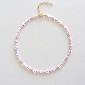 Beaded necklace with daisy flower, 24k gold necklace, White and pink choker necklace, Valentine's Day gift image 9