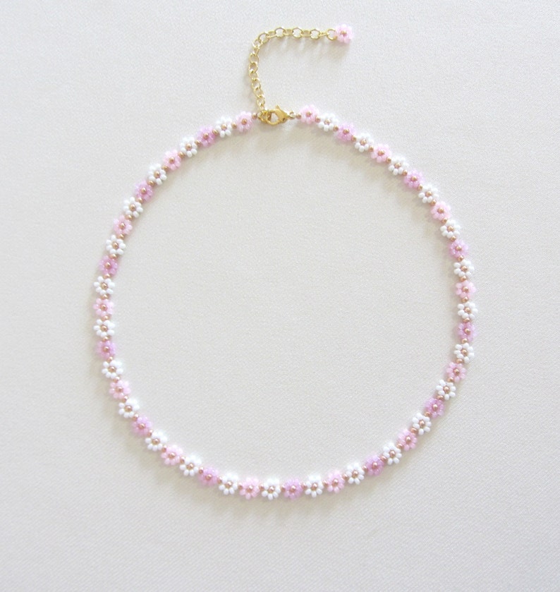 Beaded necklace with daisy flower, 24k gold necklace, White and pink choker necklace, Valentine's Day gift image 9