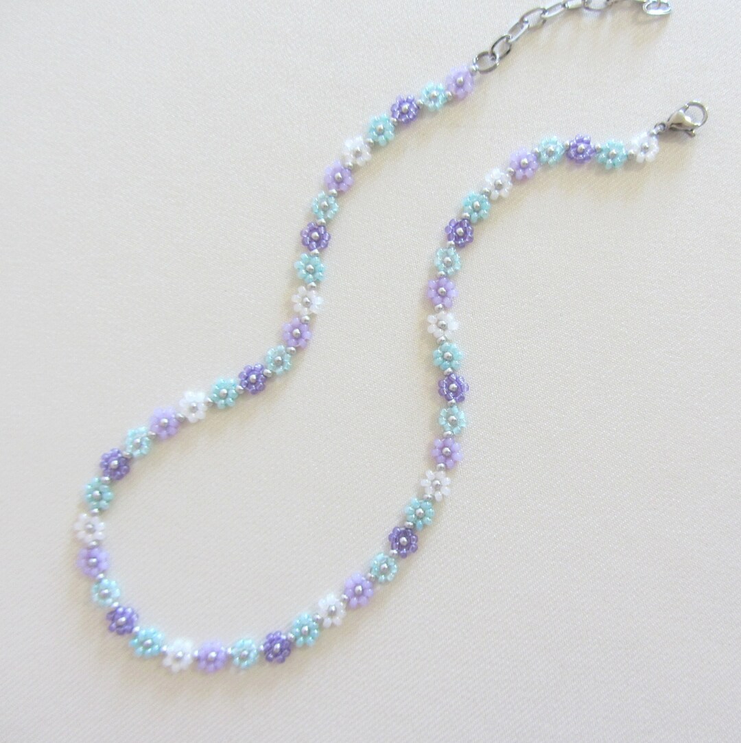 Daisy Chain Flower Necklace, Purple Green Seed Bead Necklace, Summer