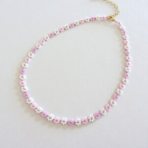 Beaded necklace with daisy flower, 24k gold necklace, White and pink choker necklace, Valentine's Day gift image 5