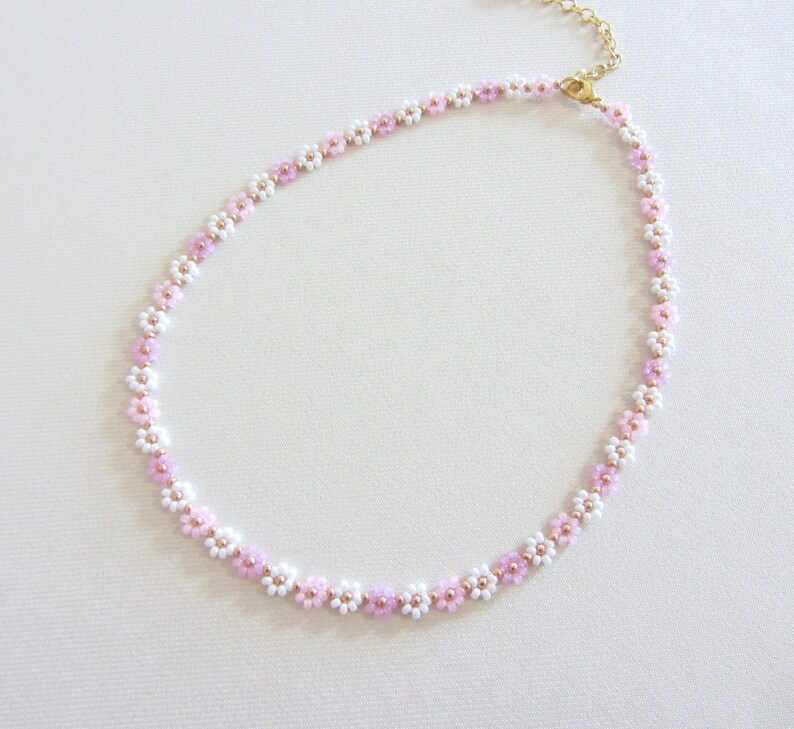 Beaded necklace with daisy flower, 24k gold necklace, White and pink choker necklace, Valentine's Day gift image 5