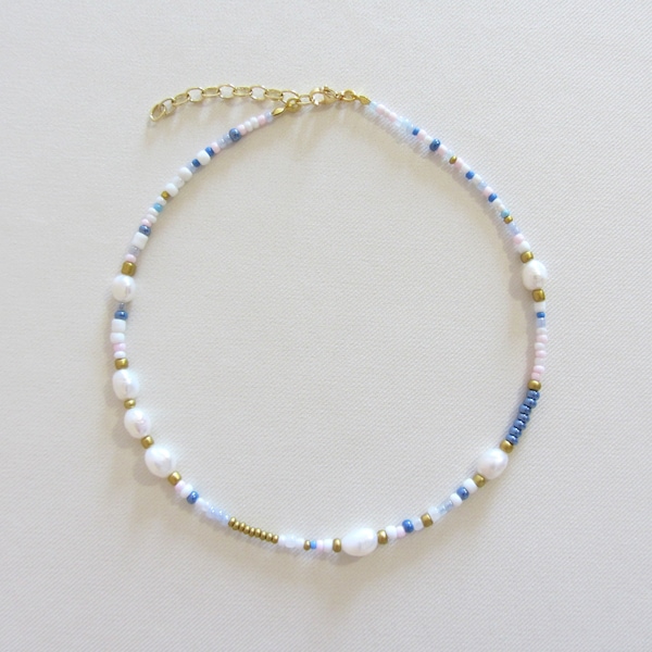 Blue and white seed bead necklace, Pearl choker necklace , Baroque pearl necklace, Colorful necklaces for women, 18k gold filled