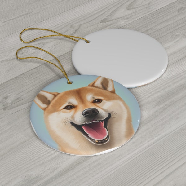 Happy Smiling Shiba Inu Doge Pup Christmas Hanging Ceramic Ornament Circle Xmas