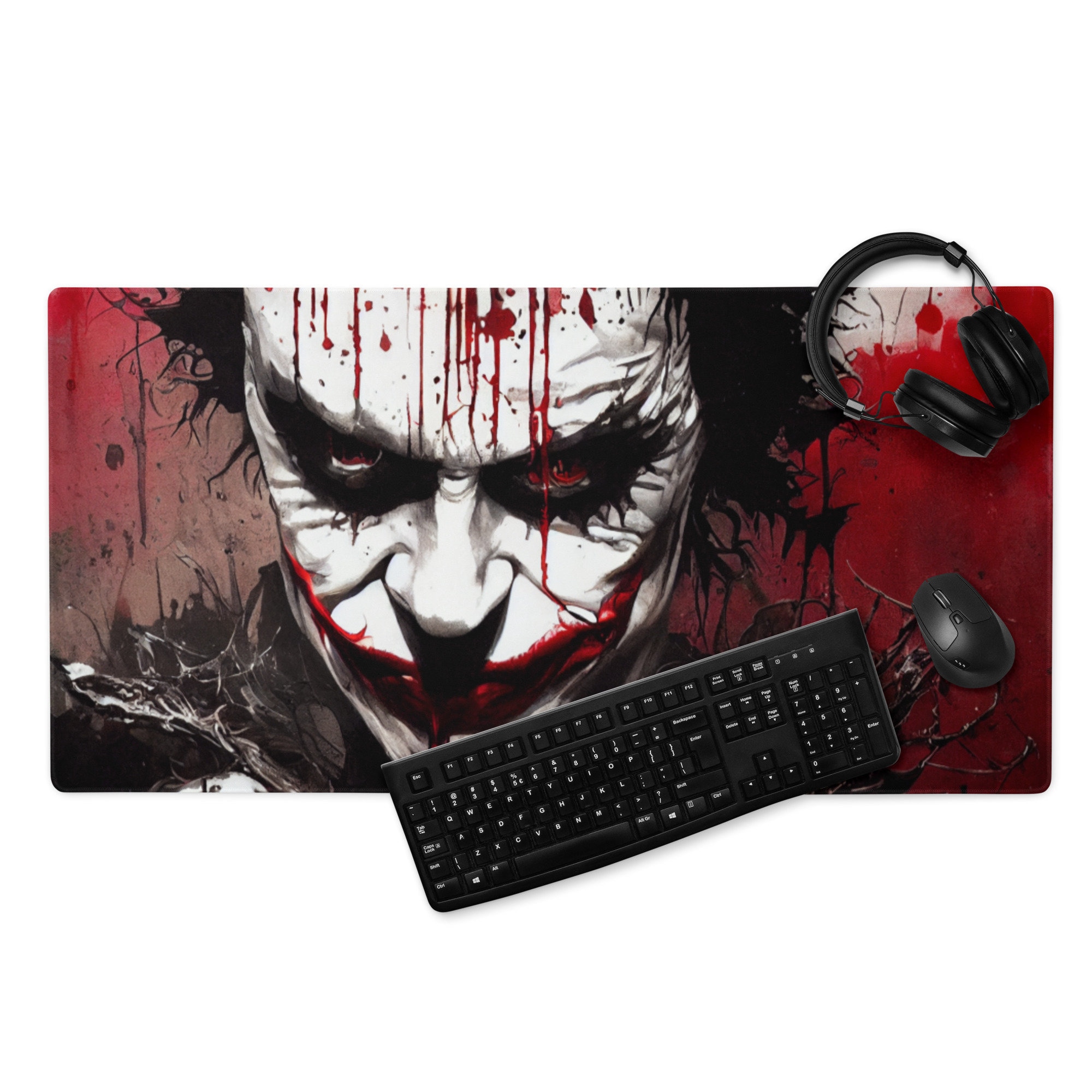 Discover MonsterBucket Spooky Joker Card Clown Design Splatter Paint Large Gaming Desk Mat