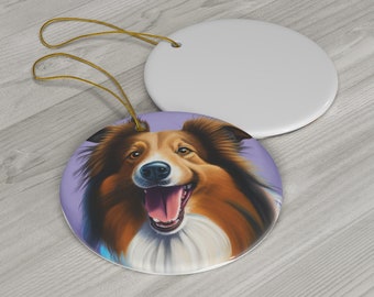 Happy Smiling Collie Pup Christmas Hanging Ceramic Ornament Circle Xmas