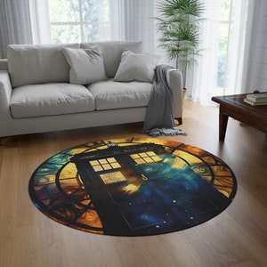 MonsterBucket Dr Who Tardis Police Box Space Time Stainglass Area Round Rug
