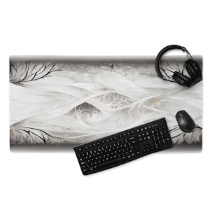 MonsterBucket Dark Fantasy Black White Ornate Dove Tree Feathers Large Gaming Mouse Pad