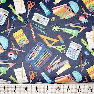 Michael Miller School Supplies on Navy CX10950 Fabric by the Yard//Piece