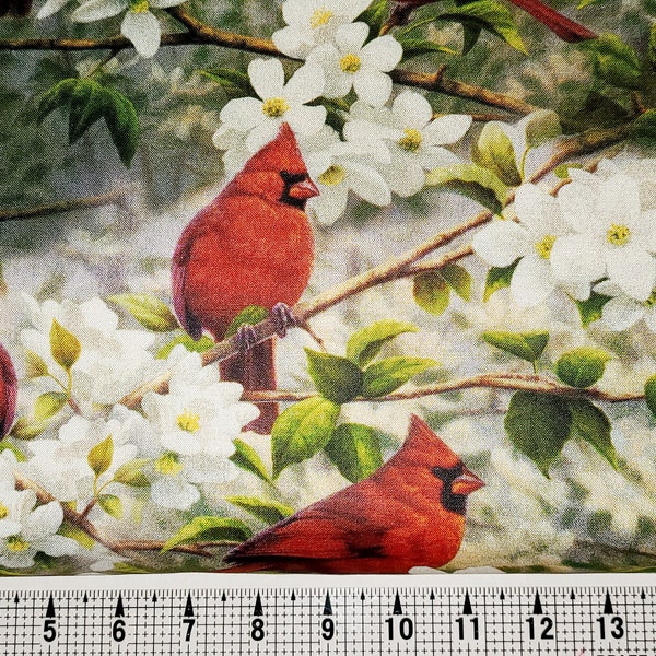 David Textiles Red Cardinals in Apple Orchard Scenic Allover AS-0096-2C Fabric by the Yard/Piece