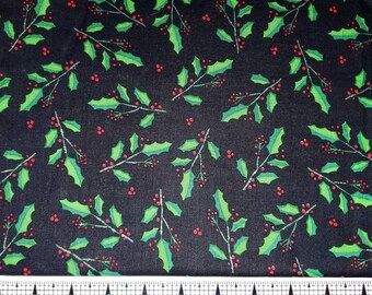May include: Black fabric with a repeating pattern of green holly leaves and red berries.
