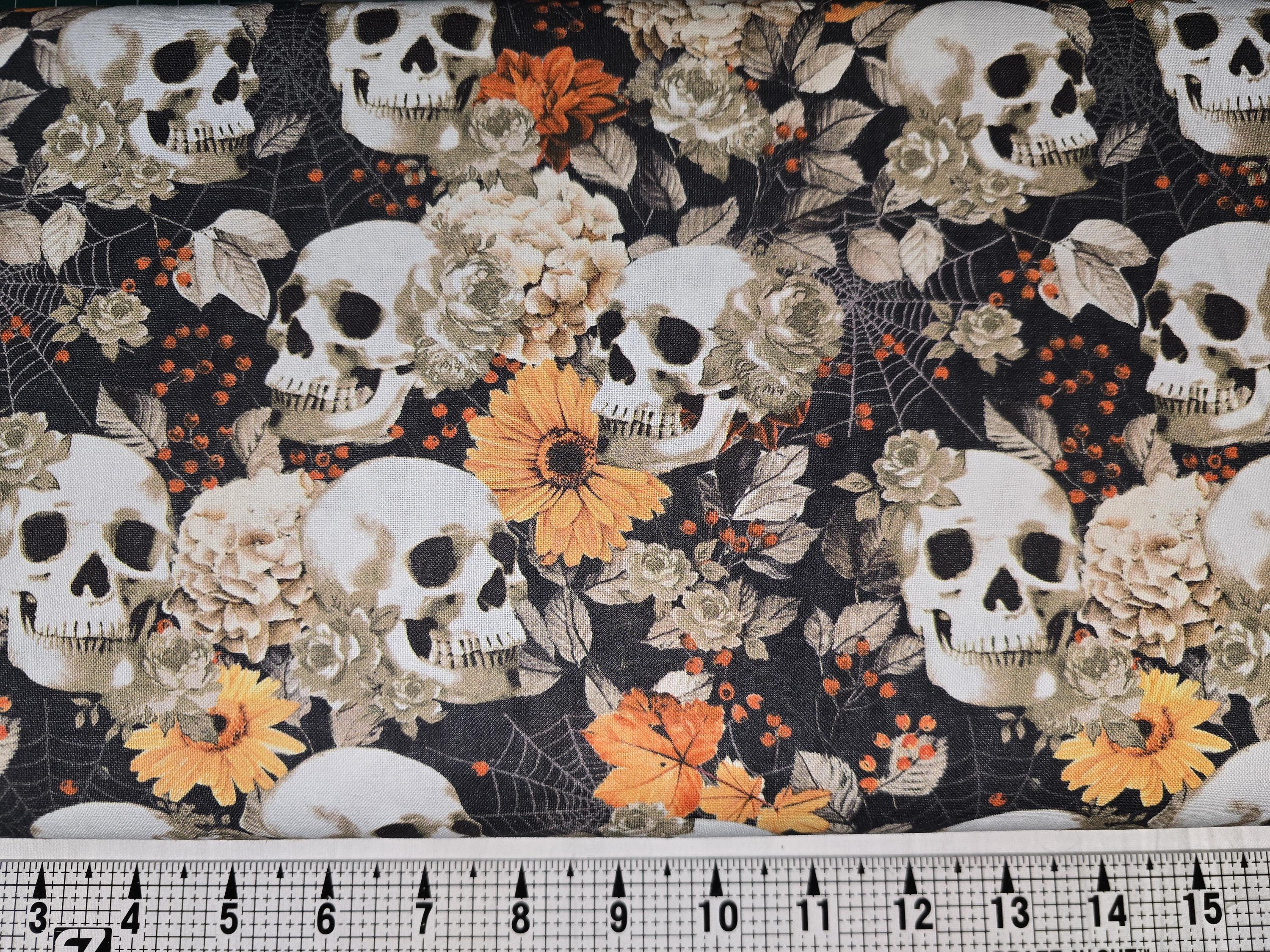 Halloween Skulls and Fall Floral Fabric by the Yard//Piece