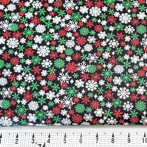 Hi-Fashion Fabrics Red Green White Snowflakes on Black Fabric by the Yard//Piece