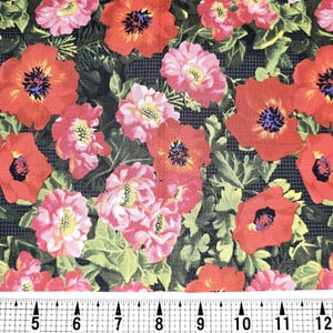 Red and Pink Poppies Fabric by the Yard///Piece