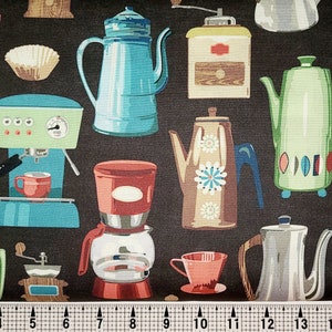 May include: A black and white fabric with a repeating pattern of vintage coffee makers, coffee pots, and grinders. The design features a variety of colors, including red, blue, green, and brown.