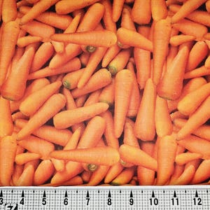 May include: A close-up shot of a fabric covered with numerous orange carrots. The carrots vary in size and shape, with green tops visible on some. The image is a vibrant display of a vegetable pattern.
