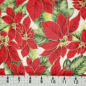 Christmas Poinsettias on Cream with Gold Fabric by the Yard//Piece
