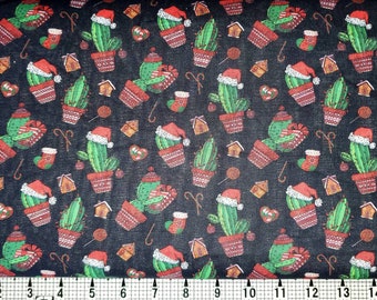 May include: Fabric with a repeating pattern of green cacti wearing Santa hats and potted in red and white patterned pots. The design includes gingerbread houses, candy canes, and stockings on a dark background.