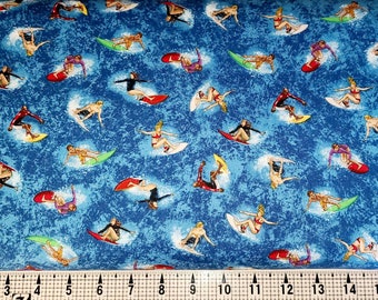 May include: A blue fabric with a repeating pattern of surfers riding waves. The surfers are depicted in various poses and are wearing colorful clothing. The fabric has a textured, slightly distressed look.