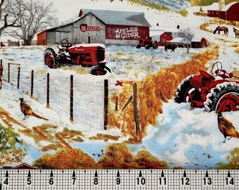 May include: A winter scene with a red barn that says "Apples & Cider" on the side. There are two red tractors in the snow, one with a deer and pheasant in the foreground.