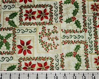 Christmas Poinsettia and Holly Squares Fabric by the Yard/Piece