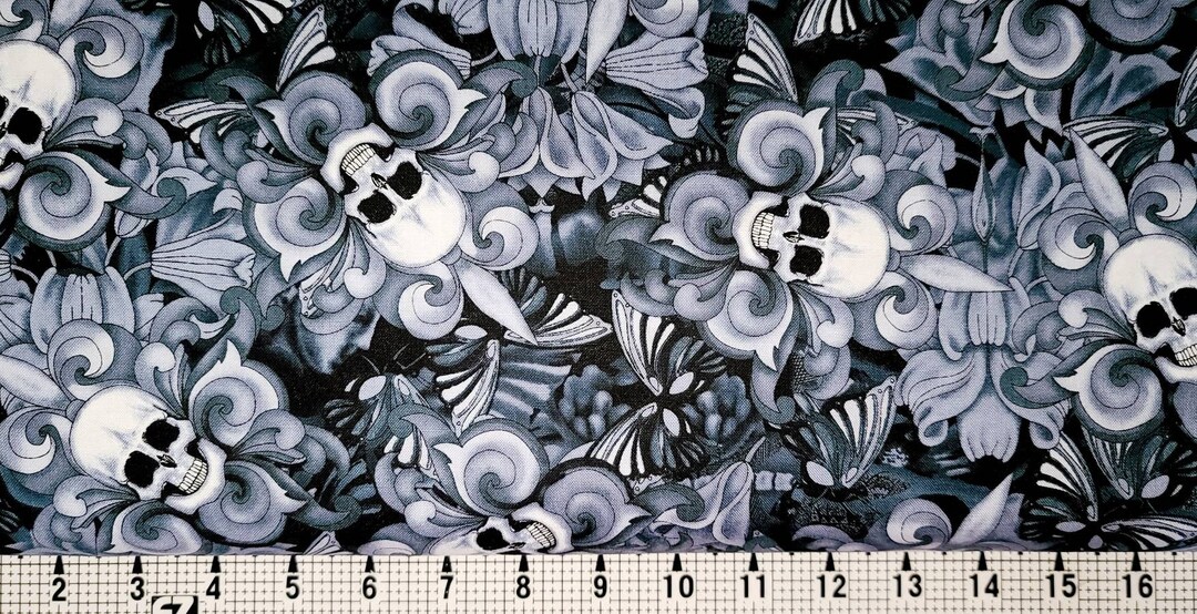 Timeless Treasures Tossed Skull Fleur-de-lis on Black C8709 Fabric by ...