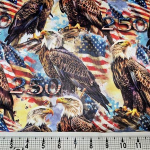 Może przedstawiać: Patriotyczny materiał z bielikami amerykańskimi, amerykańskimi flagami i liczbami "250" i "50". Orły przedstawione są z brązowymi i białymi piórami na tle czerwieni, bieli i błękitu.