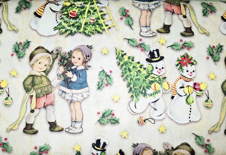 May include: A white and green Christmas wrapping paper with a repeating pattern of snowmen, children, and Christmas trees. The paper features a red and white striped candy cane, a red and white striped stocking, and a red and white striped bow.