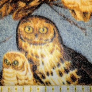 Może przedstawiać: Zbliżenie tkaniny przedstawiającej dwie sowy z żółtymi oczami i brązowymi i brązowymi piórami. Sowy są osadzone na jasnoniebieskim tle z gałęziami drzew. Tkanina ma miękki, teksturowany wygląd.