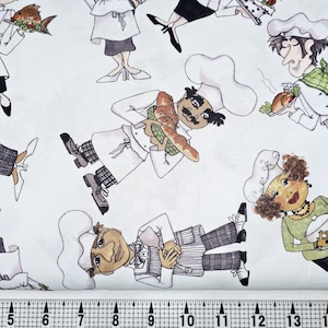 May include: White fabric with a repeating pattern of chefs wearing white hats and aprons. The chefs are holding various food items, including fish, bread, and vegetables. The fabric has a white background with black outlines.