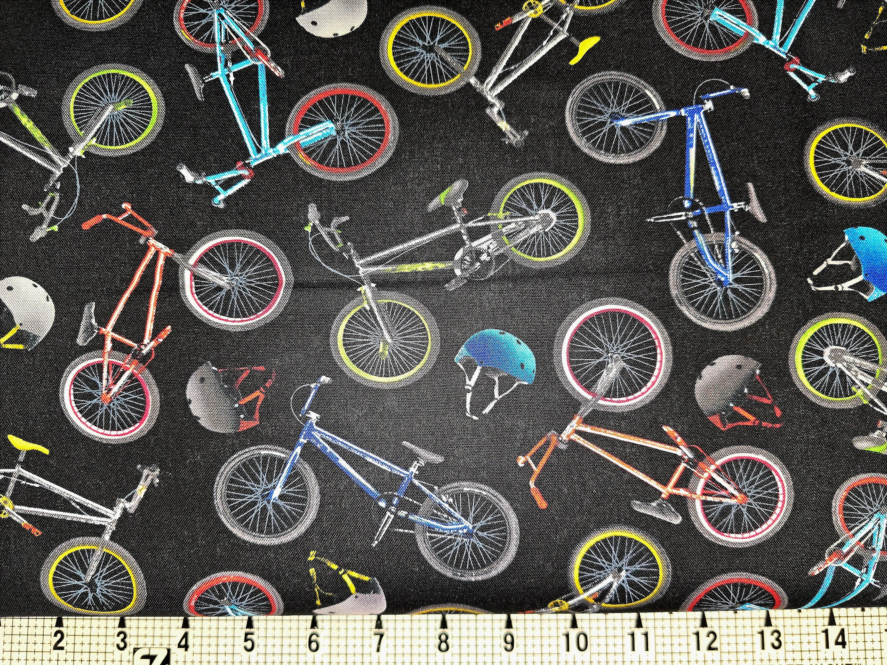 Elizabeth Studios In Motion Bikes on Black 459 Fabric by the Yard//Piece
