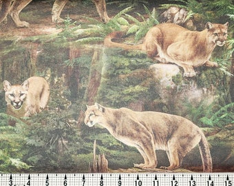 May include: A fabric featuring a repeating pattern of brown cougars in a green woodland setting. The cougars are shown in various poses, some standing, some sitting, and some walking. The woodland is lush and green, with ferns, trees, and other foliage.