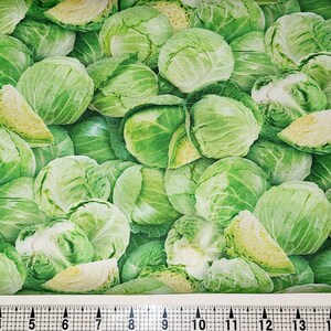 以下が含まれることがあります： 緑の芽キャベツが繰り返しパターンになっている布。キルト、枕、トートバッグなどのクラフトプロジェクトに最適です。