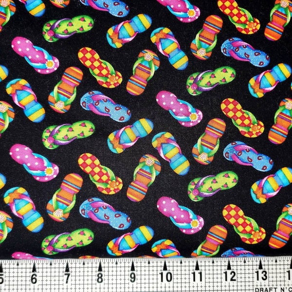Timeless Treasures Flip Flops on Black C2495 Fabric by the Yard/Piece