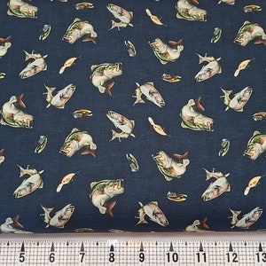 Clothworks Fabrics Back Country Fish and Lures on Navy Y3859-93 Fabric by the Yard//Piece