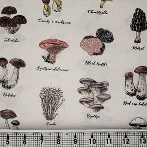 Types of Mushrooms Fabric by the Yard/Piece