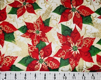 Hi Fashion Fabrics Christmas Poinsettia on Cream Fabric by the Yard/Piece