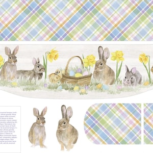 Może przedstawiać: Wzorzec obramowania przedstawiający rząd brązowych królików z żółtymi narcyzami i koszem kolorowych jajek wielkanocnych. Wzór jest na białym tle z kratką u góry i na dole.