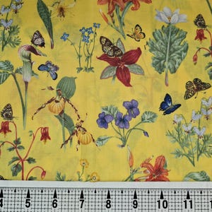 David Textiles Floral with Butterflies on Yellow Fabric by the Yard///Piece
