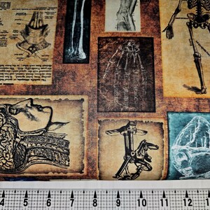 May include: A vintage fabric featuring a repeating pattern of anatomical illustrations. The fabric is brown with a distressed look and features images of bones, muscles, and organs. The fabric is perfect for crafting projects, quilting, and home decor.