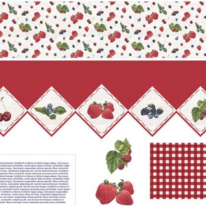 May include: Red and white fabric with a repeating pattern of strawberries, blueberries, and cherries. The fabric also features a red gingham pattern and a border with a white background and red, white, and green berry designs.
