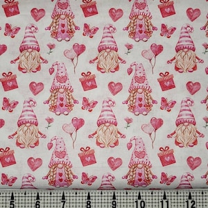 Valentine Gnomes on White Fabric by the Yard//Piece