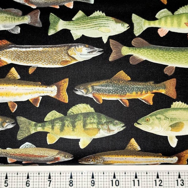 Timeless Treasures Freshwater Fish on Black C6405 Fabric by the Yard//Piece