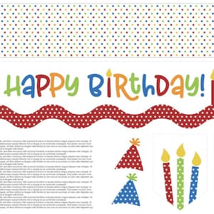 Może przedstawiać: Drukowany baner z czerwoną i białą kropkowaną ramką i napisem "Happy Birthday!" w kolorowych literach. Baner zawiera rząd świec z płomieniami i wzorem w kropki. Są też drukowane czapki imprezowe i świece.