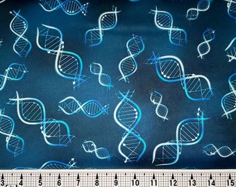 May include: A dark blue fabric with a white and light blue pattern of DNA strands. The fabric is shown with a ruler for scale.
