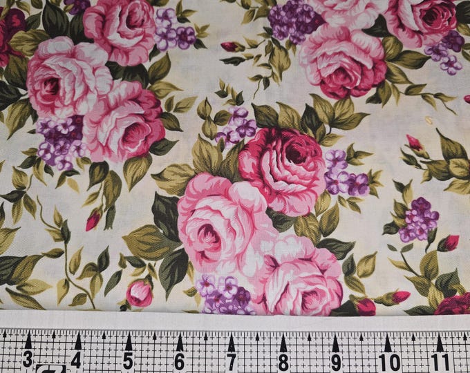 Pink Roses Fabic Pink Roses on Cream Fabric by the Yard///piece - Etsy