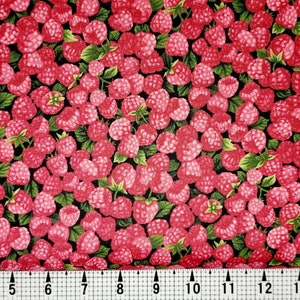 May include: A close-up of a fabric with a repeating pattern of red raspberries on a black background.